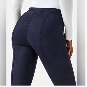 Spanx Faux Suede Flare Pants Navy Blue High Waist Pull On, Size XS